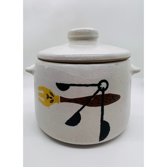 VTG 60’s West Bend Crock Bean Pot & Lid w/ Fork & Spoon Design, earthenware, MCM - Picture 1 of 8